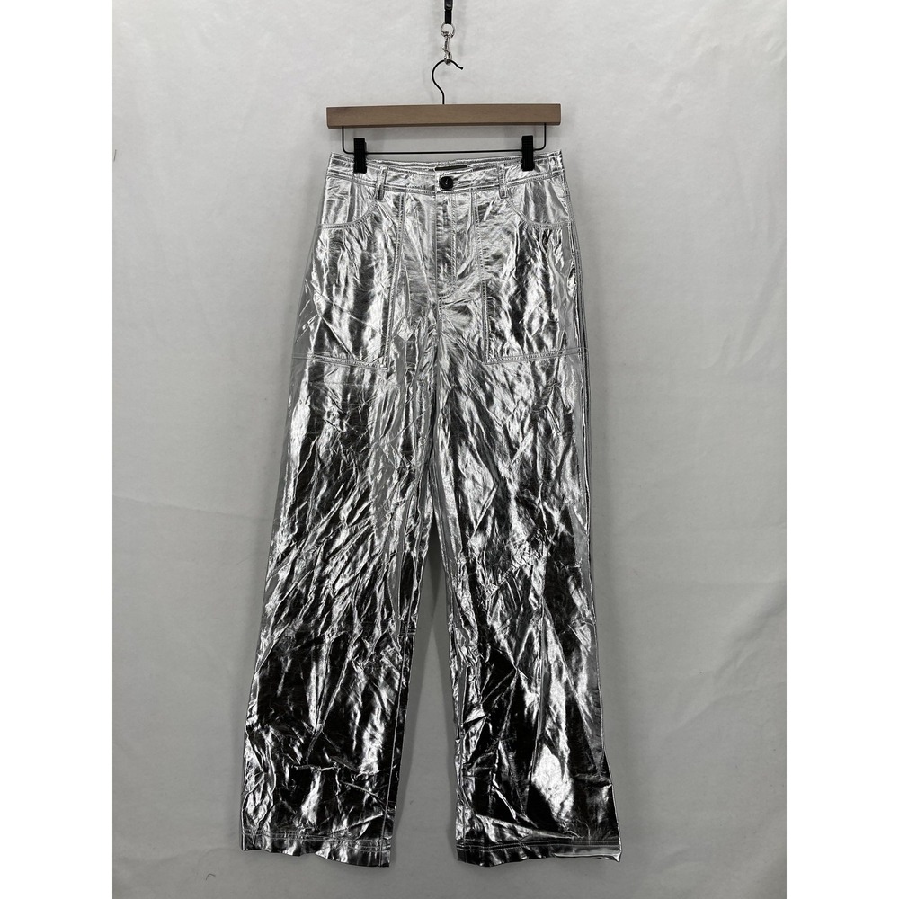 Sans Souci Pants Womens Small Silver Metallic High Rise Wide Leg Patch Pockets